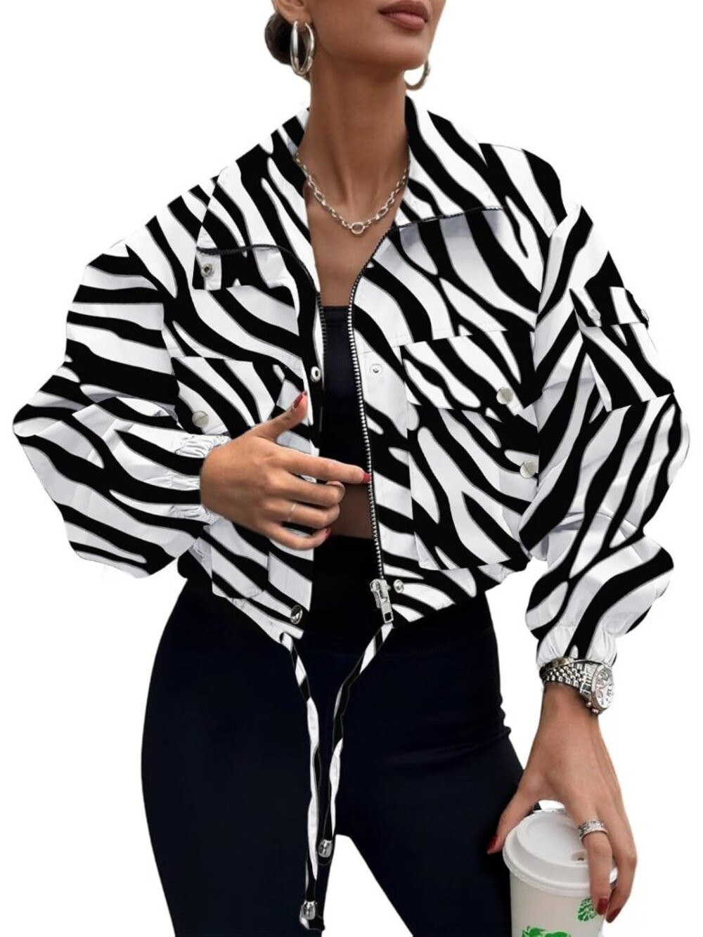 Women's black White Zebra Lightweight Cropped Anorak Coat Zip Up Bomber Jacket